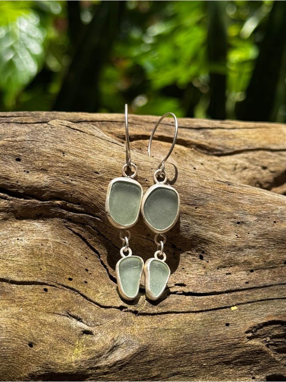 Double Aqua sea glass Handmade sterling silver drop earrings - Picture 2 of 7